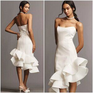 BHLDN Anthro Flamenco-Hem Asymmetrical Midi Dress Strapless White NWT size XL